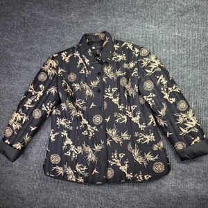 Carole Little Jacket Women L Black Silk Quilted Oriental Floral Button Up Blazer - Picture 1 of 12
