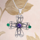 925 Sterling Silver Mom's Gift Pendant Amethyst & Green Onyx Gemstone Cross