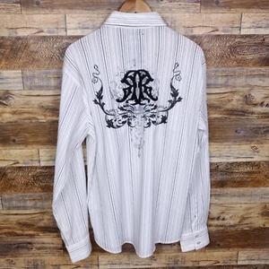 ROAR Men's Size L Enough Excuses Embroidered Long Sleeve Button Up White Striped - Picture 1 of 18