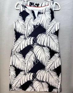 Talbots Dress Womens M Shift Midi Blue Palm Coastal Tropical Sleeveless Resort - Picture 1 of 11
