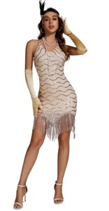 Pixiemain Gold Flapper Dress Gatsby 1920s Dance Sequin Fringe Strappy Accys SM - Picture 1 of 9