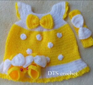 Crochet newborn baby girl outfit knitting handmade frock socks headband yellow