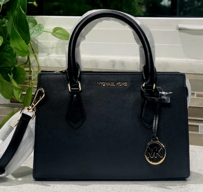 MICHAEL KORS SHEILA SMALL ZIP TRIPLE SATCHEL CROSSBODY BAG MK VEGAN BLACK GOLD - Image 1 of 4