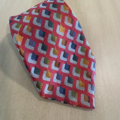 John W Nordstrom Red Geometric 3.75" Wide Woven DESIGNER NECKTIE TIE 100% Silk - Image 1 of 3