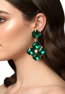 3.75" Long Forest  Crystals Chunky Statement Evening Clip-On Earrings - Picture 1 of 3