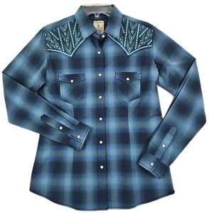 Pandhandle~Hombre Talla S~A Cuadros Azul Camisa Ajustada Perla A Presión Mezcla de Algodón Occidental - Imagen 1 de 13