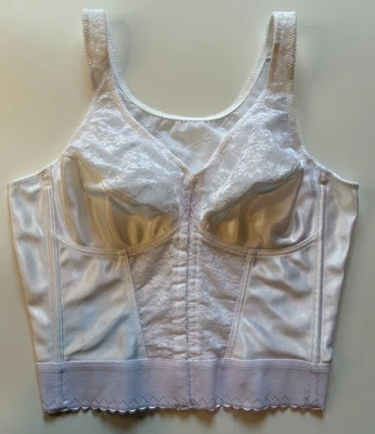Sujetador largo vintage EXQUISITE FORM blanco satinado 36 C paneles transparentes EE. UU. TAZAS DE ENCAJE Foto 1 de 4