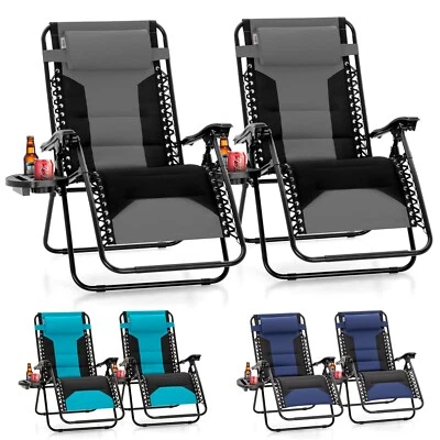 PHI VILLA 2x XXL Oversized Padded Zero Gravity Chair Foldable Patio Recliner w/ Cup Holder