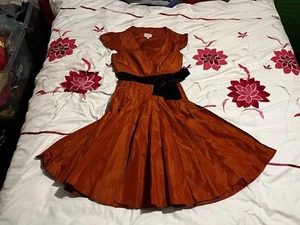 Karen Millen Pleated Knee Length Belted Skirt Midi Dress - Orange - Size UK 8 - Picture 1 of 12