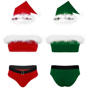 Mens Sissy Christmas Underwear Set Crop Top + Pouch Briefs Hat Party Clubwear - Picture 1 of 33