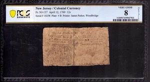 APRIL 12 1760 12 SHILLINGS NEW JERSEY COLONIAL NOTE NJ-137 PCGS B VG 8 NET - Picture 1 of 4