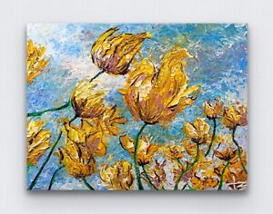 Yellow Flowers in the Wind Original Acrylic Painting 11x14 Impasto Art Not Monet