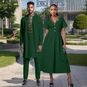 Afrikanisches Paar Herren 2 Teiler Hemd Hosenanzug Kurzarm Damen Midikleid - Bild 1 von 18