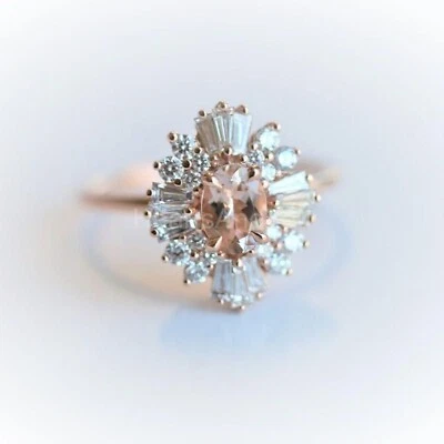 Anel de noivado de ouro amarelo sólido 14k com morganita natural e diamante corte oval 2 quilates - Imagem 1 de 4