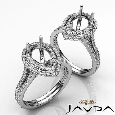 Diamond Engagement Halo Pave Ring Pear Semi Mount Split Shank 14k Gold 1.55Ctw. - Image 1 of 4