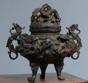 6.2" Old Pure Bronze Dynasty Dragon Beast Poignée Brûleur d'encens Encensoir - Picture 1 of 9
