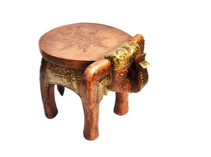 Hand Painted Wooden Elephant Shape Brown Multi Decor Side Table Statue Stool - Picture 1 of 6