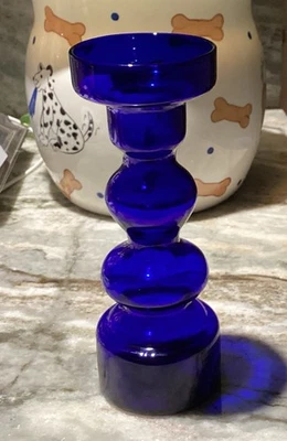 Vintage MCM Cobalt Blue Hooped Pompador Vase Candle Holder Bulb Forcer  7" Tall - Image 1 of 4
