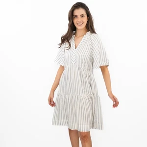 Womens White Sophia Dress Eco Vero White Blue Stripe Midi V-Neck Short Sleeve - Picture 1 of 10