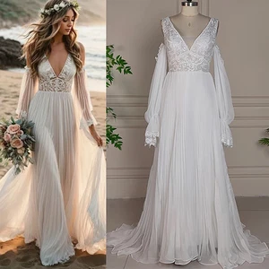 Boho Lace Wedding Dress Pleated Chiffon Off Shoulder Long Bishop Sleeves V Neck  - Picture 1 of 17