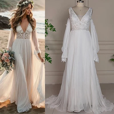 Vestido de novia boho de encaje plisado de gasa con hombros descubiertos mangas largas alfil cuello en V  Foto 1 de 4