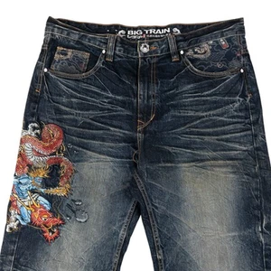 Vintage Big Train Embroidered Patchwork Japanese Denim Jeans Size W38 - Picture 1 of 8