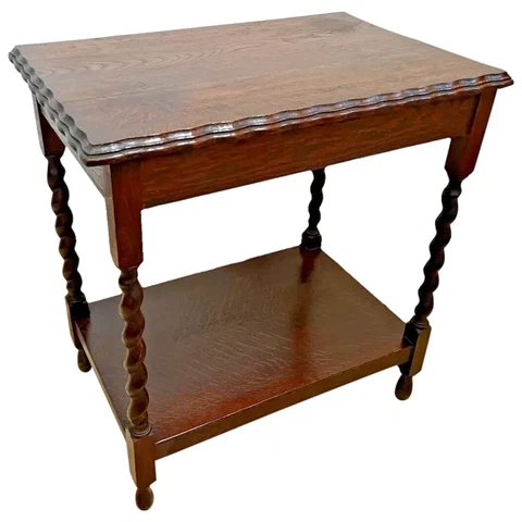 Antique Table Barley twist Legs Bottom Shelf Dark Oak Boxed Base Scalloped Top Cover