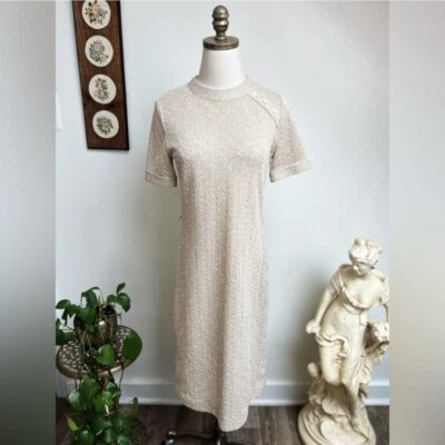 Vestido Vintage Anos 70 Leslie Fay Malha Neutra Midi Texturizado Pequeno - Imagem 1 de 4
