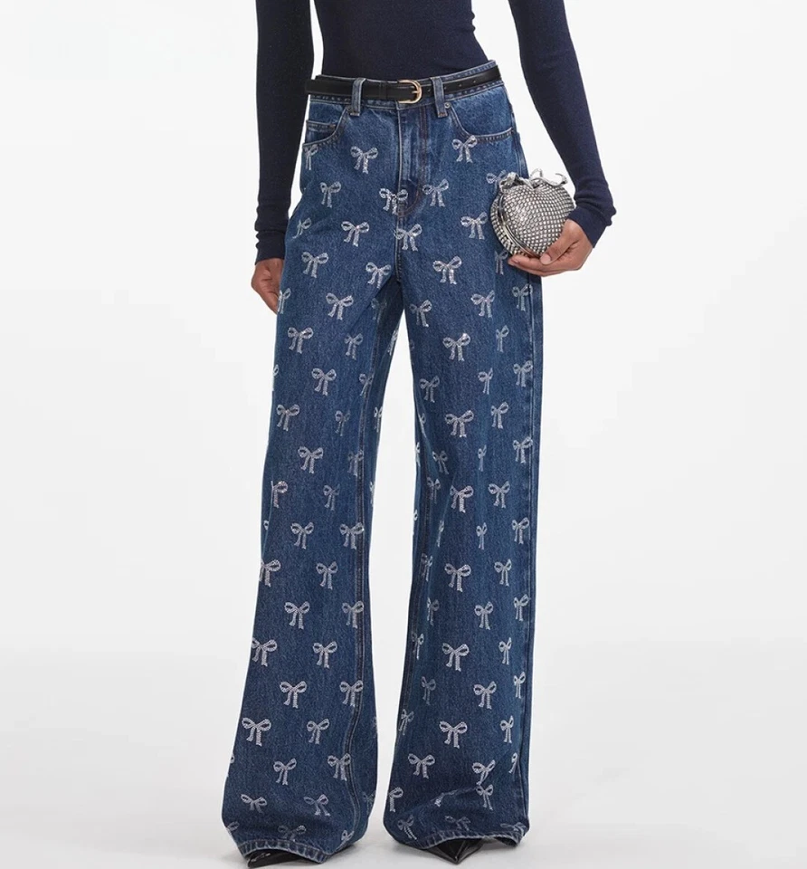 Женские джинсы с автопортретом со стразами прямые широкие штанины брюки - Изображение 1 из 4