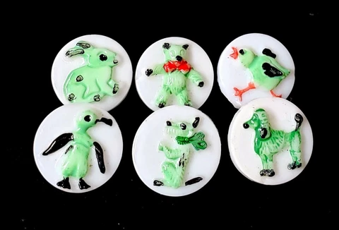 Set of 6 Vintage Glass Kiddie Animal Buttons…Bunny Bear Dog Penguin Bird Poodle Cover