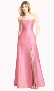 Alfred Sung Women's Size 2 Powder Pink Strapless Satin A-Line Gown Side Slit Bow - Picture 1 of 8