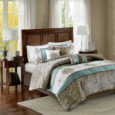 QUALITY BEAUTIFUL MODERN CHIC RICH SOFT BLUE AQUA SILVER BROWN TAUPE IVORY COMFORTER SET