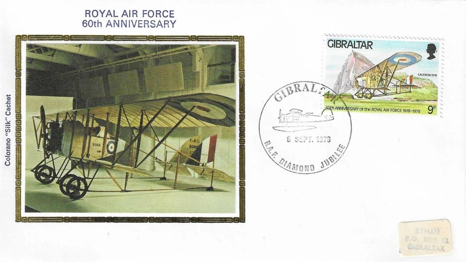 Caudron 1918 Royal Air Force UK Gibraltar Clean Gold Colorano Silk FDC 1978 - Image 1 of 1