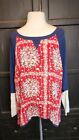Umgee + Mixed Print Fabric Dolman Sleeved Red Navy Lace  Tunic Women's 1Xl Nwt