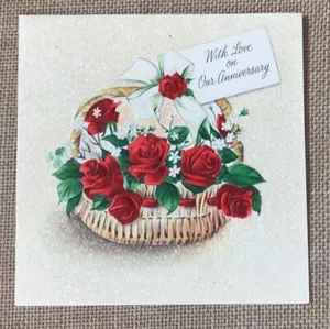 Vintage Used Hallmark Rose Basket Glitter Anniversary Card Junk Journaling - Picture 1 of 6