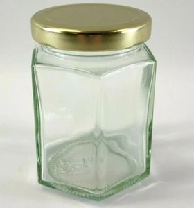Jam Preserve Jars Glass Chutney Honey Gold Lid Hexagon Shaped 6/12/24pk 190ml - Picture 1 of 3