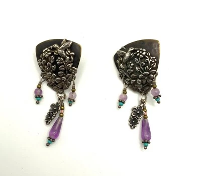 IMPRESIONANTE Pendiente Esterlina TABRA Firmado Declaración Colibrí Flor Amatista Foto 1 de 4