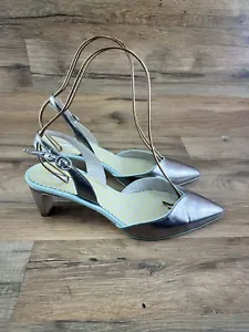 BODEN Slingback Kitten Heels Sz 41.5 Pewter/Aqua Leather Pointy Toe Shoes - Picture 1 of 6
