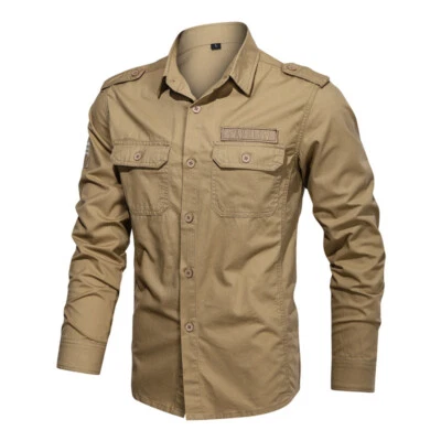 Mens Military Work Shirts Regular Long Sleeve Pockets Army Cotton Casual Shirts - Image 1 of 4