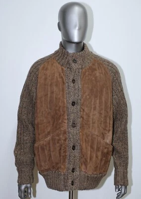 Vintage Brown Knit Wool/Mohair & Suede Cardigan Sweater SALVATORE FERRAGAMO Sz L - Image 1 of 4