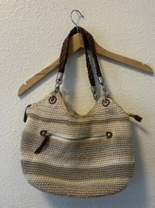 The Sak Beige Tan Knit Crochet Stripe Shoulder Satchel Bag Handbag Purse - Picture 1 of 12