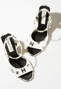 Chanel 22S White Black Lambskin CC Logo Platform Strap Block Heel Sandals IT 40 - Picture 1 of 22