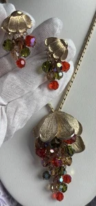 60’s Multicolor Cut Glass Grape Cluster 24” Necklace Clip Earring Set Goldtone - Bild 1 von 12