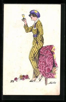 Künstler-AK Xavier Sager: Dame in gestreiftem Anzug hält Sektglas in der Hand  - Bild 1 von 2