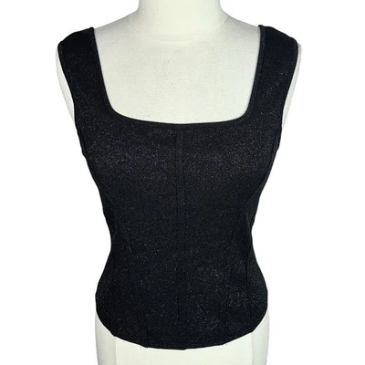 Camiseta sin mangas Bailey 44 para mujer negra brillante cuello cuadrado elástica talla L Foto 1 de 4