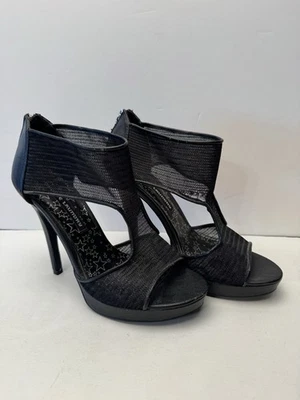 "Bombas de plataforma chinas de lavandería negras talla 10M tacón alto aguja malla 5"" punta abierta" Foto 1 de 4