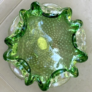 Venezianische Kunst Glas Grün Rüschen Schale Kontrollierte Blasen Made In Murano Italy - Bild 1 von 9