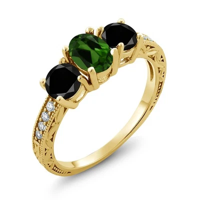 Anillo de plata chapado en oro amarillo de 18 quilates diamante negro diopsido cromo verde de 1,92 quilates Foto 1 de 4