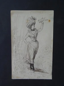 FRENCH SCHOOL 1901 - THE LADY AND THE BIRD - FINE INK MONOGR. CUNISSET - Picture 1 of 12