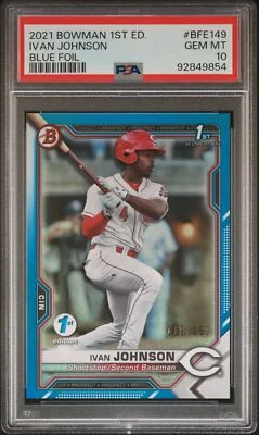 2021 Bowman 1st Edition Ivan Johnson Blue Foil #BFE149 PSA 10 /150 - Image 1 of 2